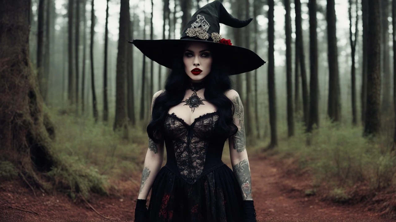 The Dark Lord's Granddaughter is a witch with her bloody fangs, covered by tattoos and lace agent provocateur dress [vintage style noisy scratches glitches, Shot the texture and then rewound the film and double exposed from a 1970 B series movie] in the forest in front of her Hutt with her pointed hat
