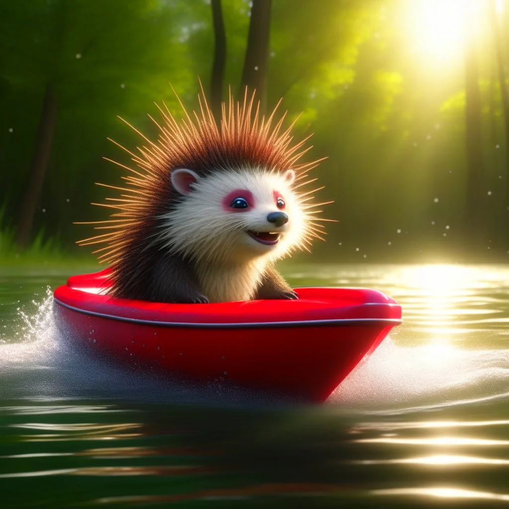 cute blessed chat elf porcupine speeding in a rubber boat in the river,catching a big fish in a river stream, 8k, downlight, soft light, depth of field, photorealism, trending on art station, lotsa detail