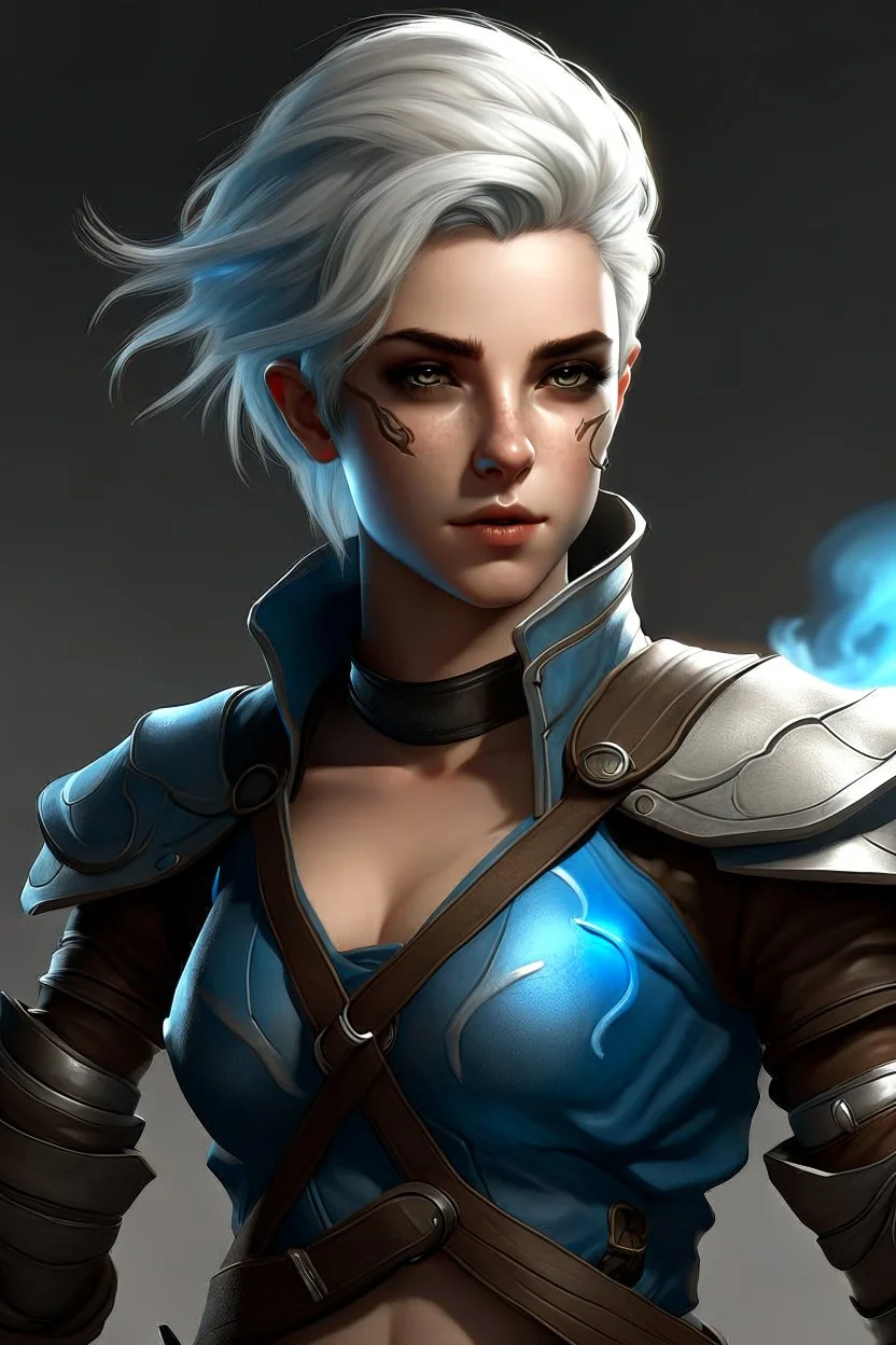 create a female air genasi from dungeons and dragons, dark gray short hair, light blue eyes, wind like hair, wearing hot leather clothing, realistic, from waist up, digital art, high resolution, strong lighting