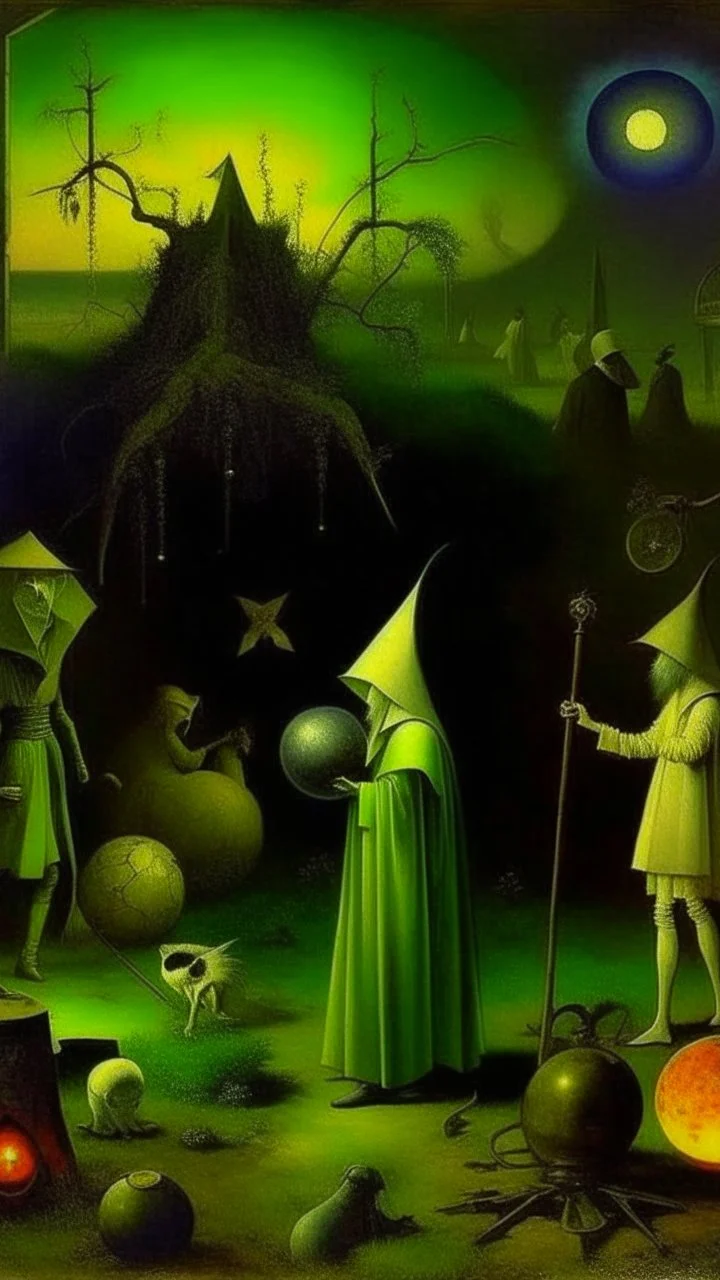 some mysterious figures, odd background, cinematic, Hieronymus Bosch, Max Ernst, vegetal life, rotten, ambient light, cry, ritual