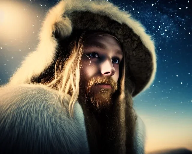 a sad and lonely viking looking up at the stars at night, hyper realistic, 8k, insane detail, atmospheric pastel background, crying eyes, big fur coat, long braided hair, sharp focus, soft background, dynamic lighting, viking helmet