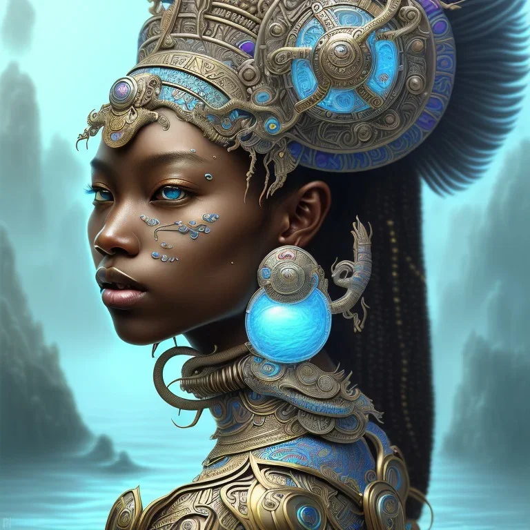 Sango fantasy, fantasy magic, intricate, sharp focus, illustration, highly detailed, digital painting, concept art, matte, art germ and Paul Lewin and Kehinde Wiley, masterpiece Aztec princess dancer head bronze feather's' Asian African girl nice breast Thai hair turquoise silver blue under water