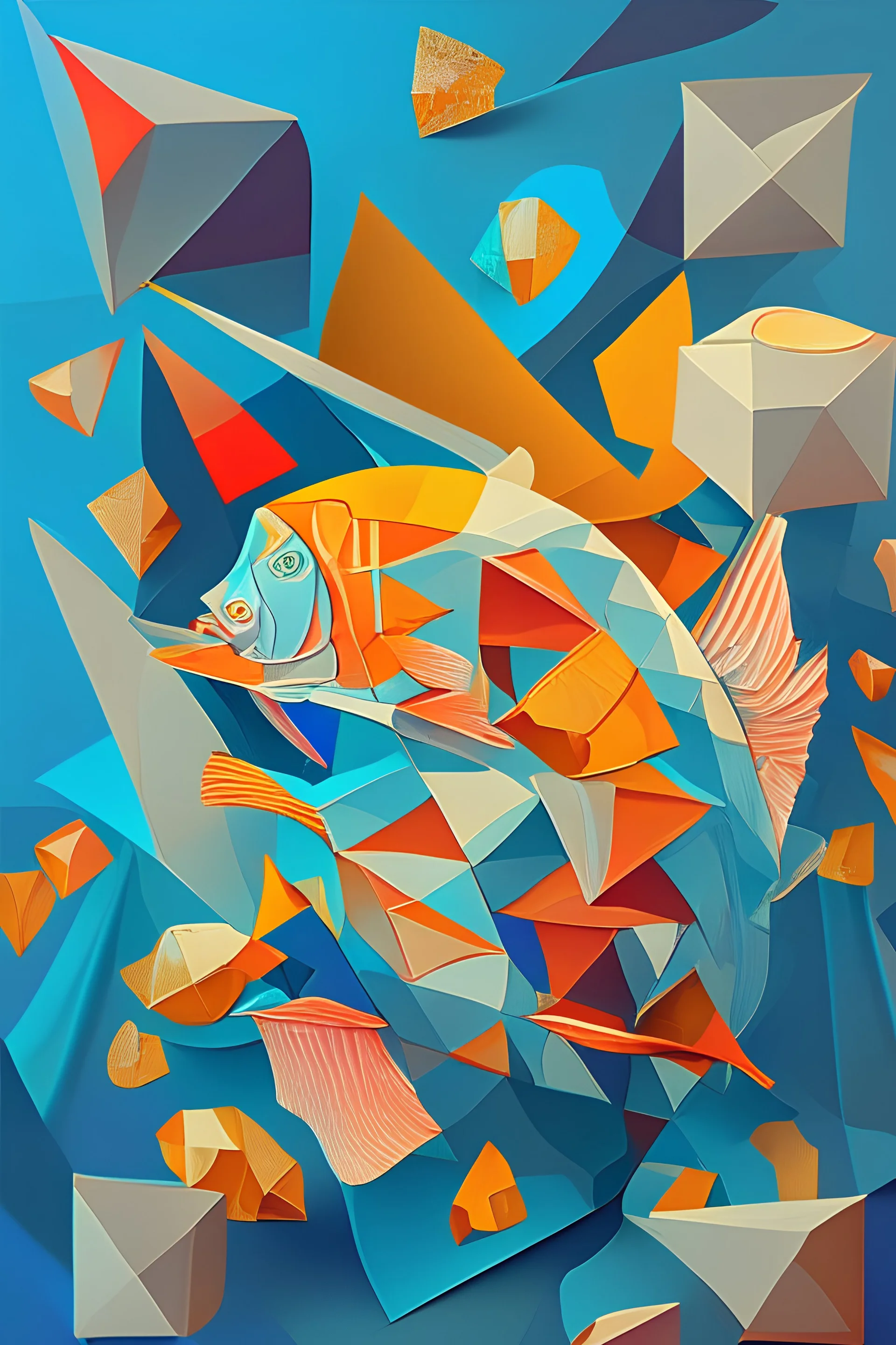 fish and chips, deconstructed, abstract cubist painting, Neo-Cubism, layered overlapping geometry, art deco painting, Dribbble, geometric fauvism, layered geometric vector art, maximalism; V-Ray, Unreal Engine 5, angular oil painting, DeviantArt