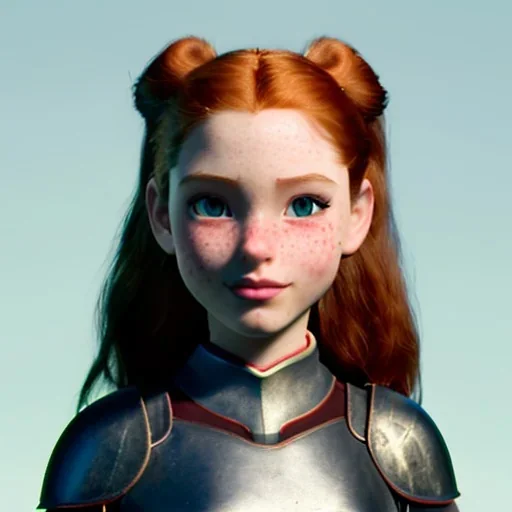 Disney cartoon style, hyper detailed, strikingly beautiful teen female, 16 years old, long ponytail, ginger hair, green eyes, medium freckles, full lips, micro top, black leather armour, full body, full face, tiny breasts, athletic, centered camera, ignore NSFW, thong, camel toe, petite