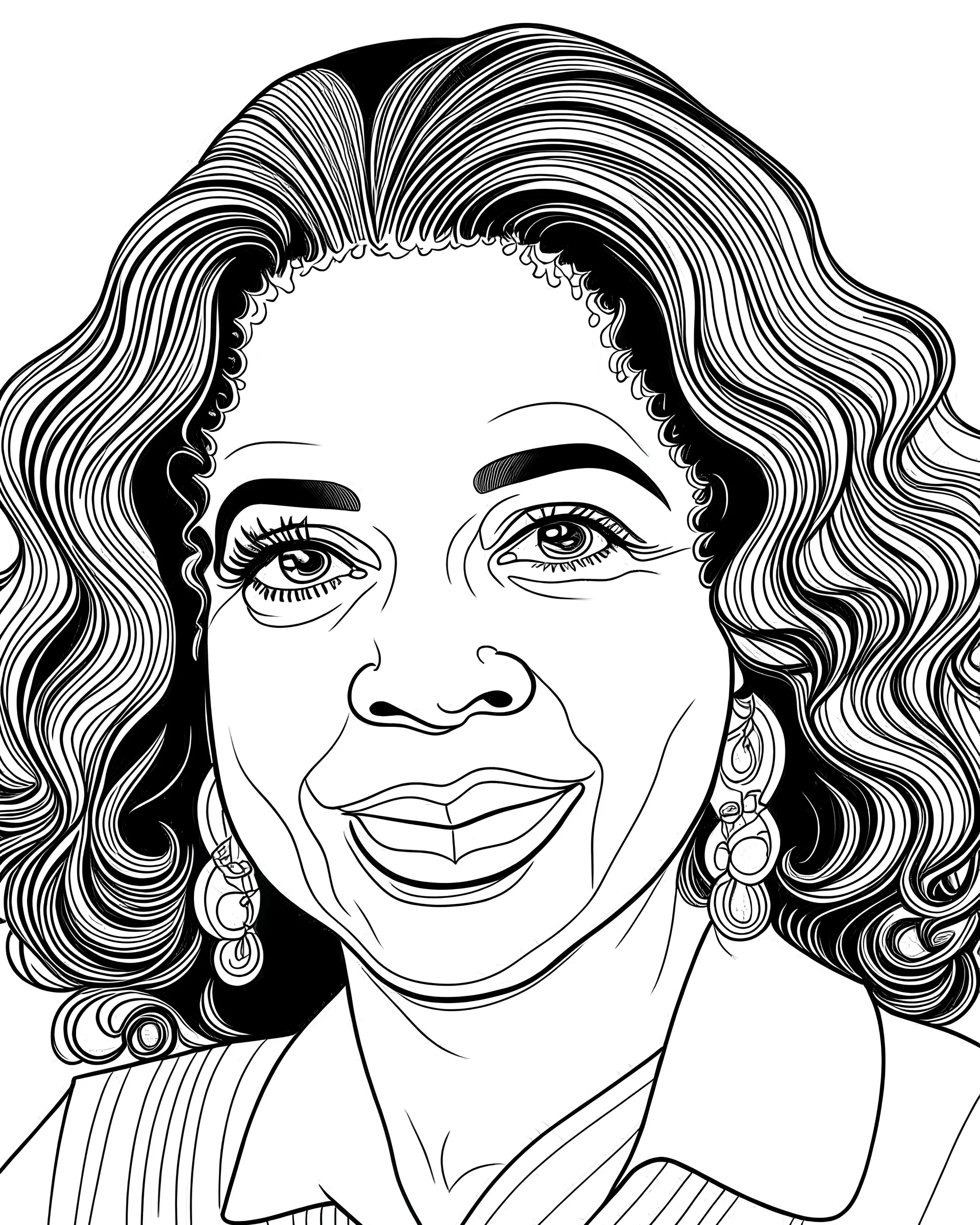 illustrate image of Oprah Winfrey, simple line art, white background, no hair color, high quality, no gradient, , no fill, no solids, coloring book for kids