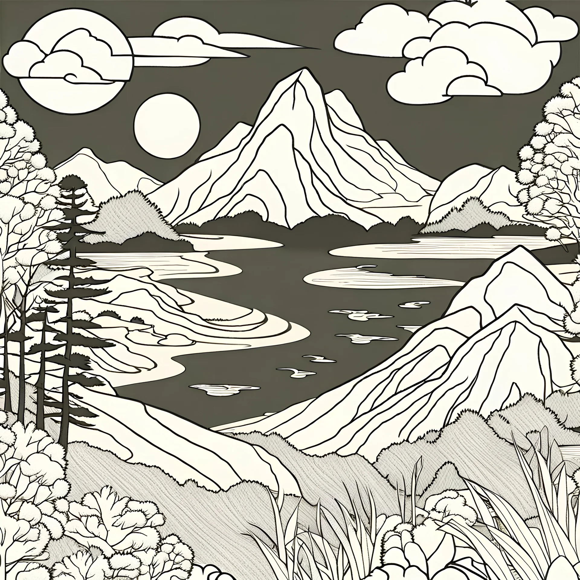 coloring page of nature landscape repeated pattern