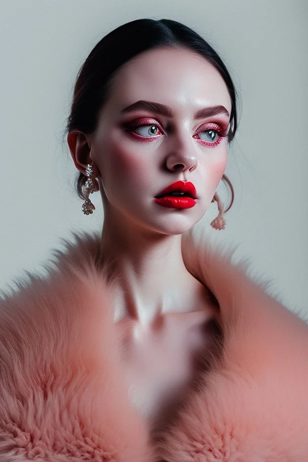 Minimalistic portrait of a beautiful woman with red lips and cold big eyes wearing earrings, a light pink fur coat in a haute couture style isolated on a dark background, cinematic lighting, ultra-realistic, shot in the style of hasselblad