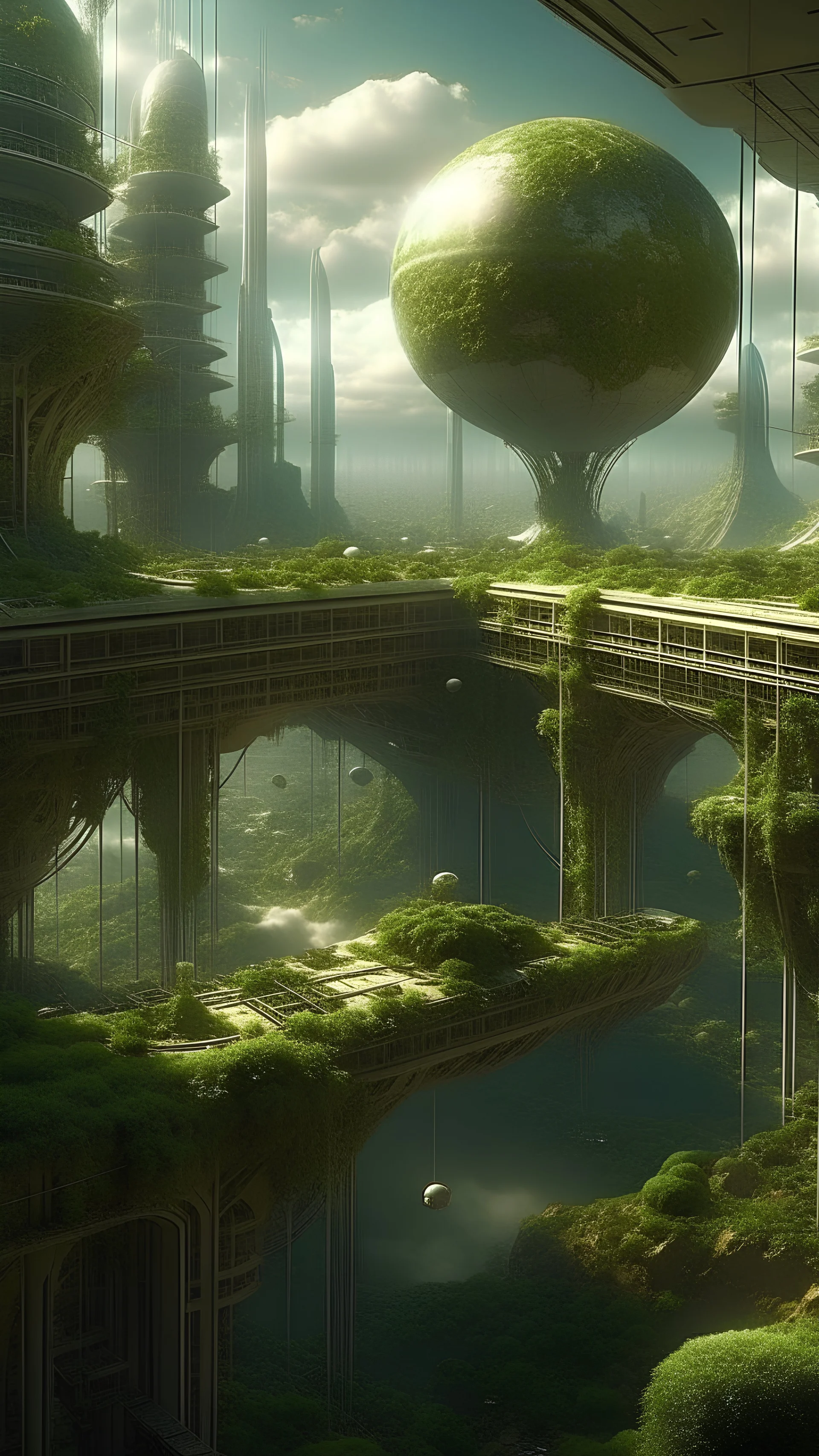 sci fi planet, hanging gardens, busy city