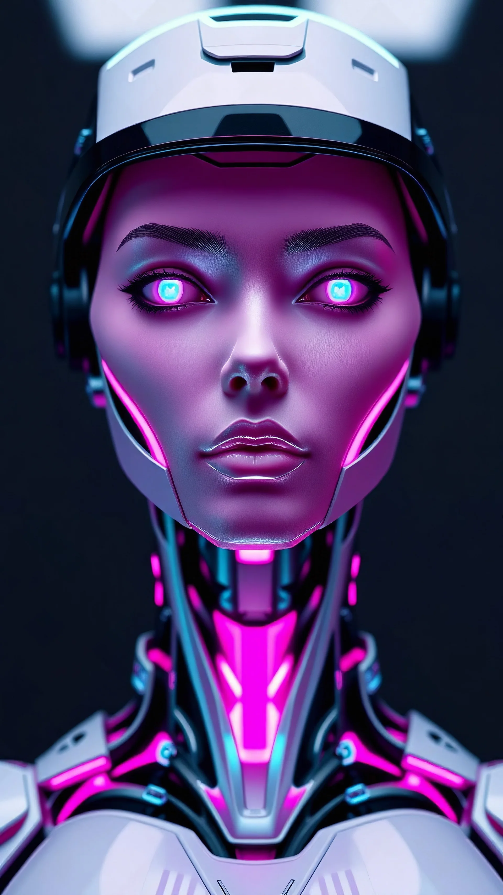 busto y rostro frontal femenino robot en alta definicion y en estilo realista futurista transformandose en humano, colores de luces magentas y cian