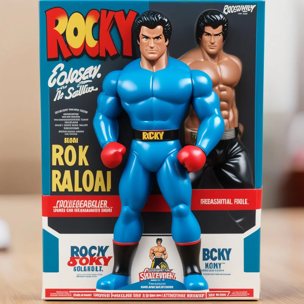 A photograph of a pristine action figure encased in its packaging, evoking a sense of collectible wonder, styled after a vintage toy advertisement. The box prominently displays "ROCKY" in bold, stylized lettering, with the action figure inside clearly resembling Sylvester Stallone as Rocky, possessing his iconic features and a lean, athletic build, confidently with boxing gloves