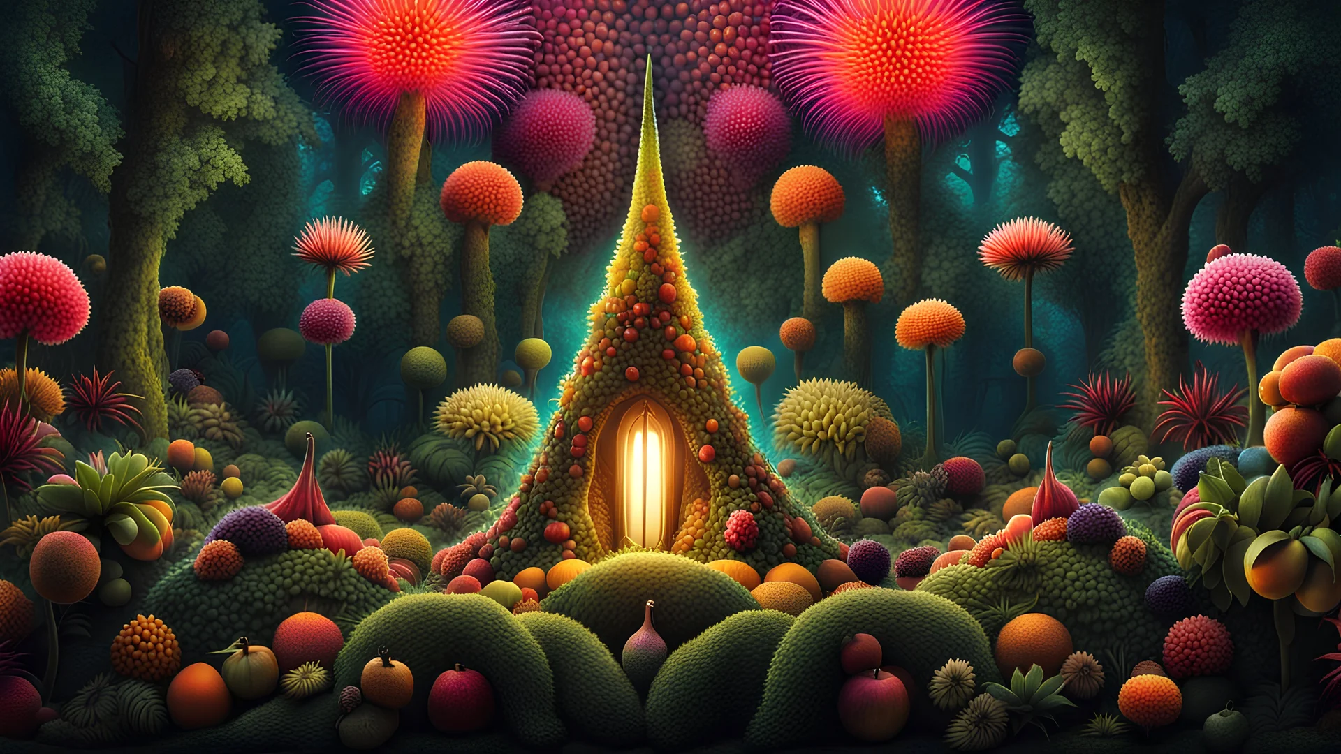 {Beautiful and strange fauna in eerie forest} fruits, lush, flowers soft lighting, creatures, evening, psychedelic, LSD, synesthesia, pointillist, colorful, detailed, HD