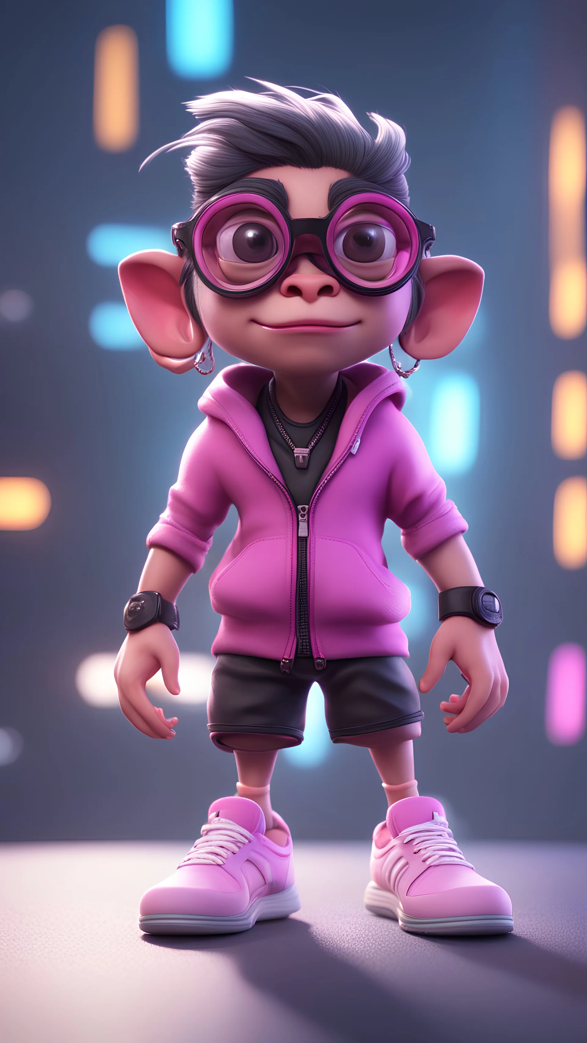 cartoon cute god hanuman with white and sneakers, Cyberpunk realism style, front view,wearing a pair of black glasses, zbrush, Arys Chien and light magenta, lit children, 32k uhd, round,8k,HD
