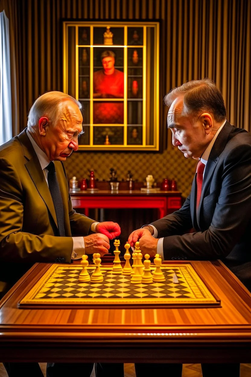 Vladimir Poutine playing chess with Zelinynski. A map of ukraine is burning on