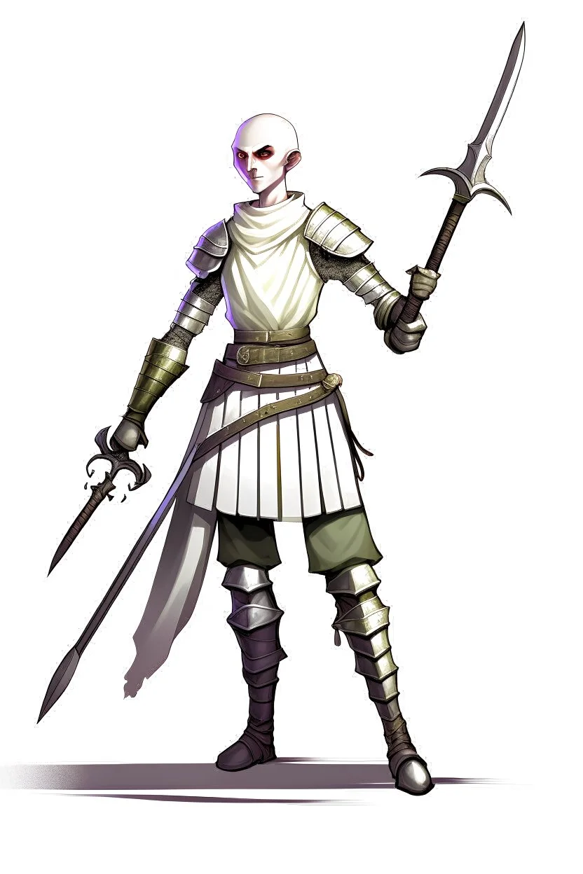 full length, friendly, tall 22-year old, shaved head, grey-eyed female cleric wearing scale mail wielding sickle