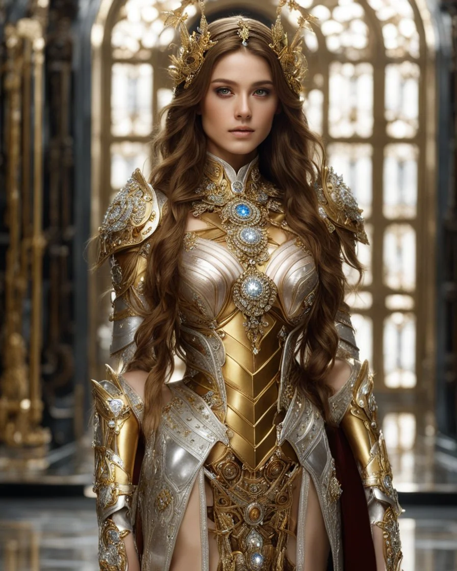 Photography,girl,full body,looking front view,brown long hair, gown dress mechanical,delicate gold and diamonds crystal jewelry,silver metalic parts, golden parts, intricate armor, detailed part,Movie Still