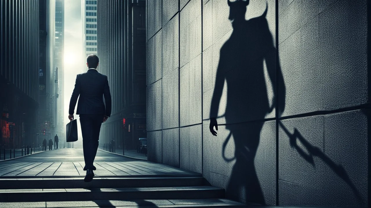 a high realistic photo from a business man walkings on street and behind his own shadow into an devil walking on big wall , modern city, weird atmosphere.detalied, sharp focus, surreal mood, thriller, dark dream