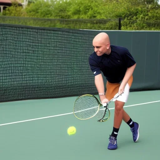 Shaved cat playing tennis