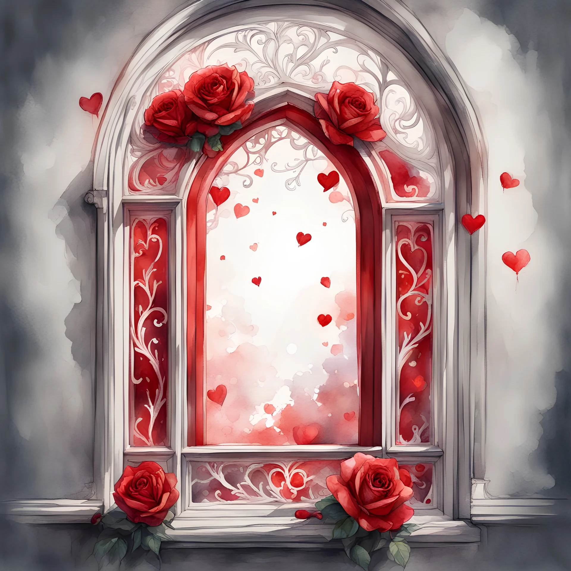 Watercolor drawing of a Valentine's red window with red roses and white lace, on a white background, Trending on Artstation, {creative commons}, Fanart, AIart, {Woolitize}, by Charlie Bowater, Illustration, Color Grading, Filmic, Nikon D750, Brenizer Method, Side View , Perspective, Depth of Field, Field of View, F/2.8, Lens Flare, Tones, 8K, Full HD, ProPhoto RGB, Perfectionism, Edge Lighting, Natural Light, Soft Lighting, Accent Lighting, Diffraction Rating