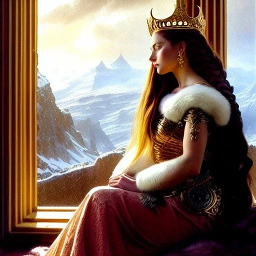 portrait beautiful face viking queen,sitting throne,window,braids,extra busty,snow,castle,mountains,ancient leather armor, balanciaga fashion clothe painting by gaston bussiere, greg rutkowski, yoji shinkawa, yoshitaka amano, tsutomu nihei, donato giancola, tim hildebrandt, oil on canvas, cinematic composition, extreme detail,fit full head inside picture,16k