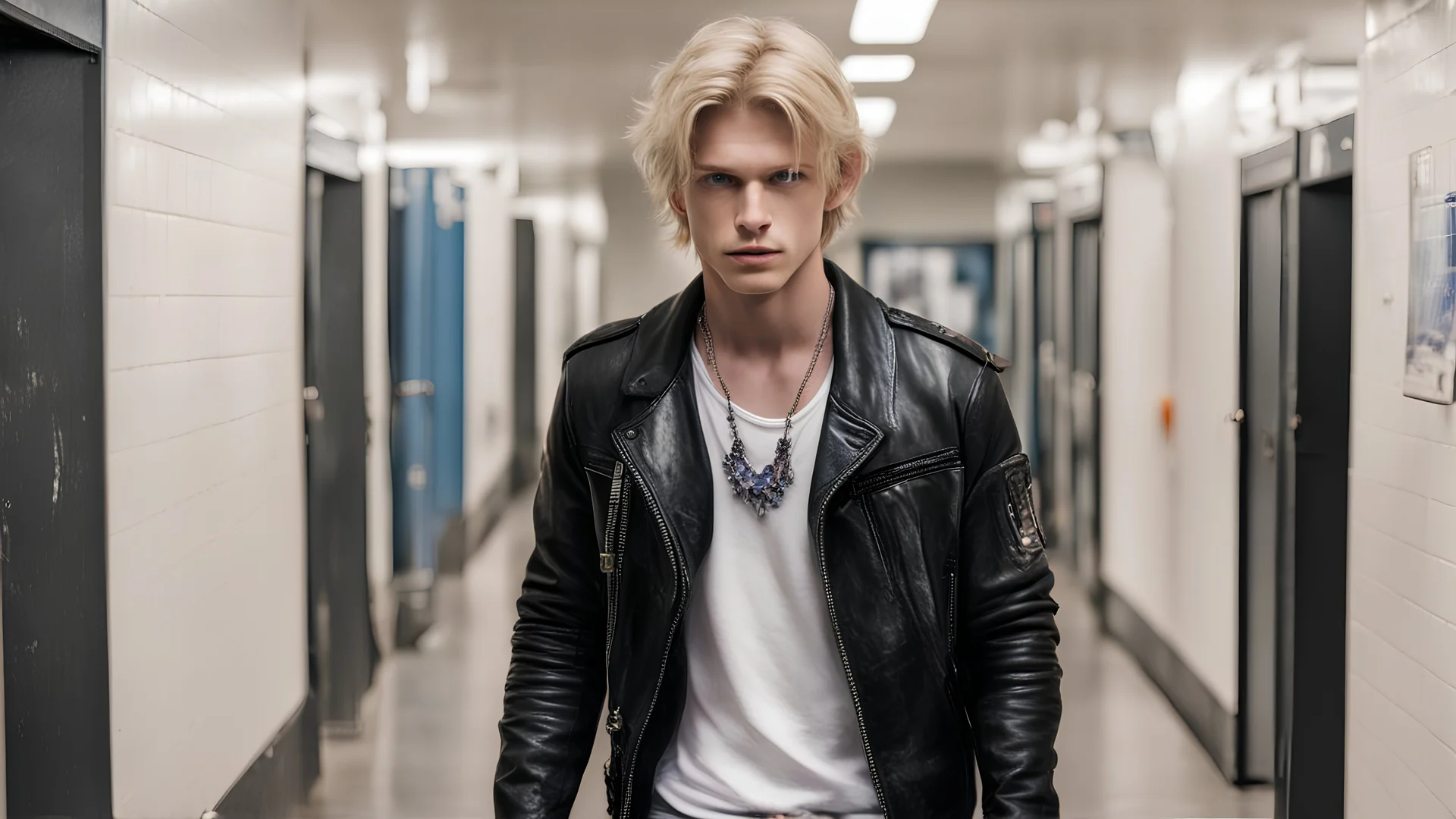 A young man with blond hair. He has blue eyes and is wearing an old black leather jacket, a white T-shirt, black torn jeans, and no jewelry. He is walking through the school corridor. In the background, a young woman with black hair and light gray eyes stands leaning against the school lockers. She wears a purple crystal necklace around her neck. She is wearing a white turtleneck, a navy blue skirt and black high boots. There are many students in the background wearing casual clothes.