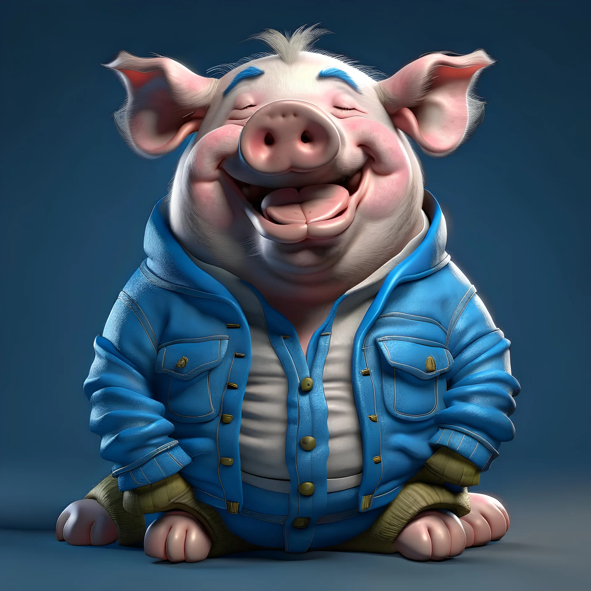 A north pole pig wearing a jean jacket with smile face, sleep pose, realistic render