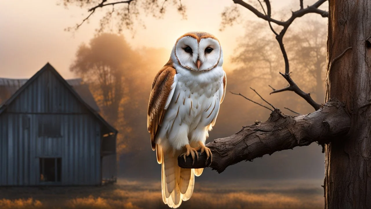 back to the camera a barn owl sitting on the tree branch and looks into the room's window the village house , mystic fog, autumn, rain, little light, sunset, high detailed, sharp focuses, photorealistic, perspective, cinematic, dramatic vibe