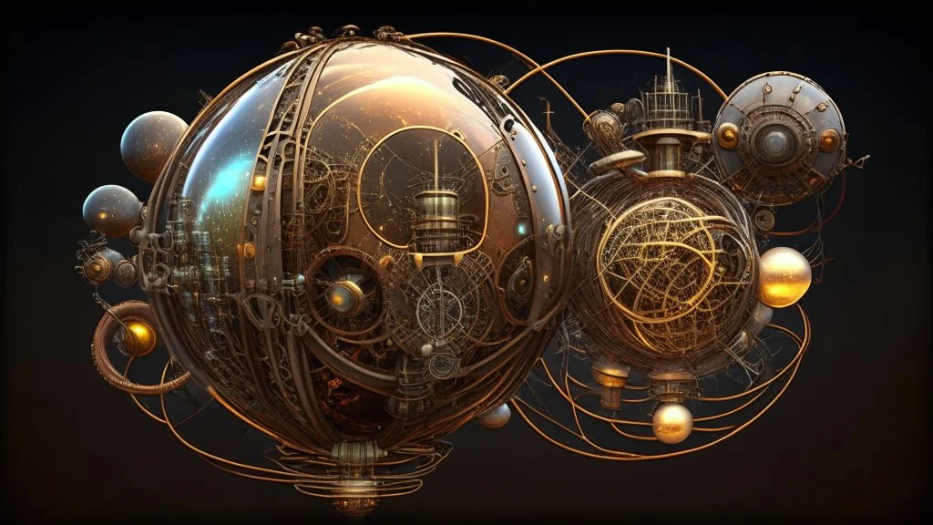 steampunk sphere with tubes, pipes, and wires floating in deep space, detailed