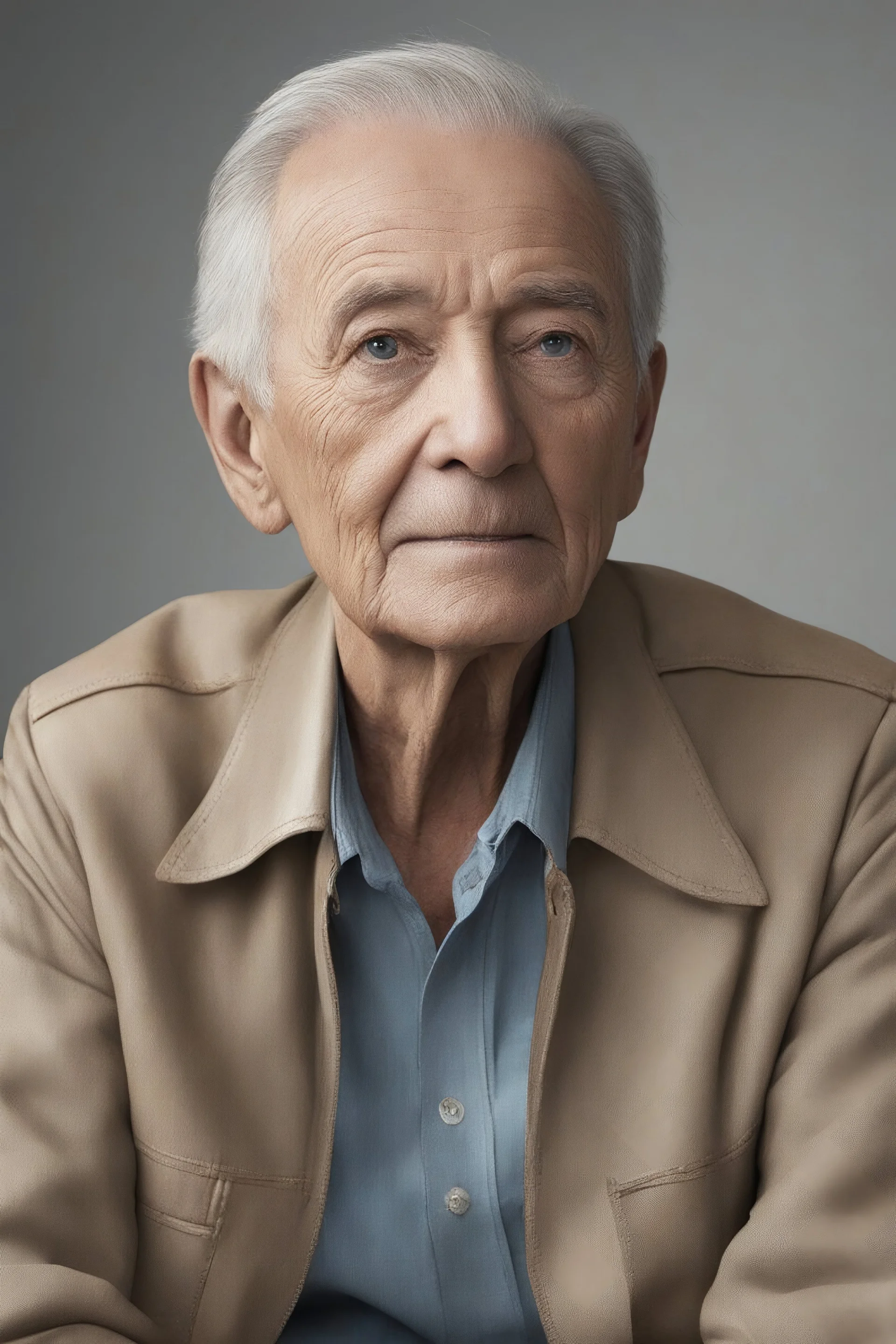 Full Color image, 8k, Ultra-HD, hyper realistic, Photorealistic, focused, fine detail, professional photo, beautiful -- head to shoulder pose, 80-year-old Harold Kendall sitting facing almost forward, thin, bowl-cut, gray hair, mustache, medium build, tan leather jacket with wide collar, light blue button up shirt, Blue Jeans, Elvis Presley shoes