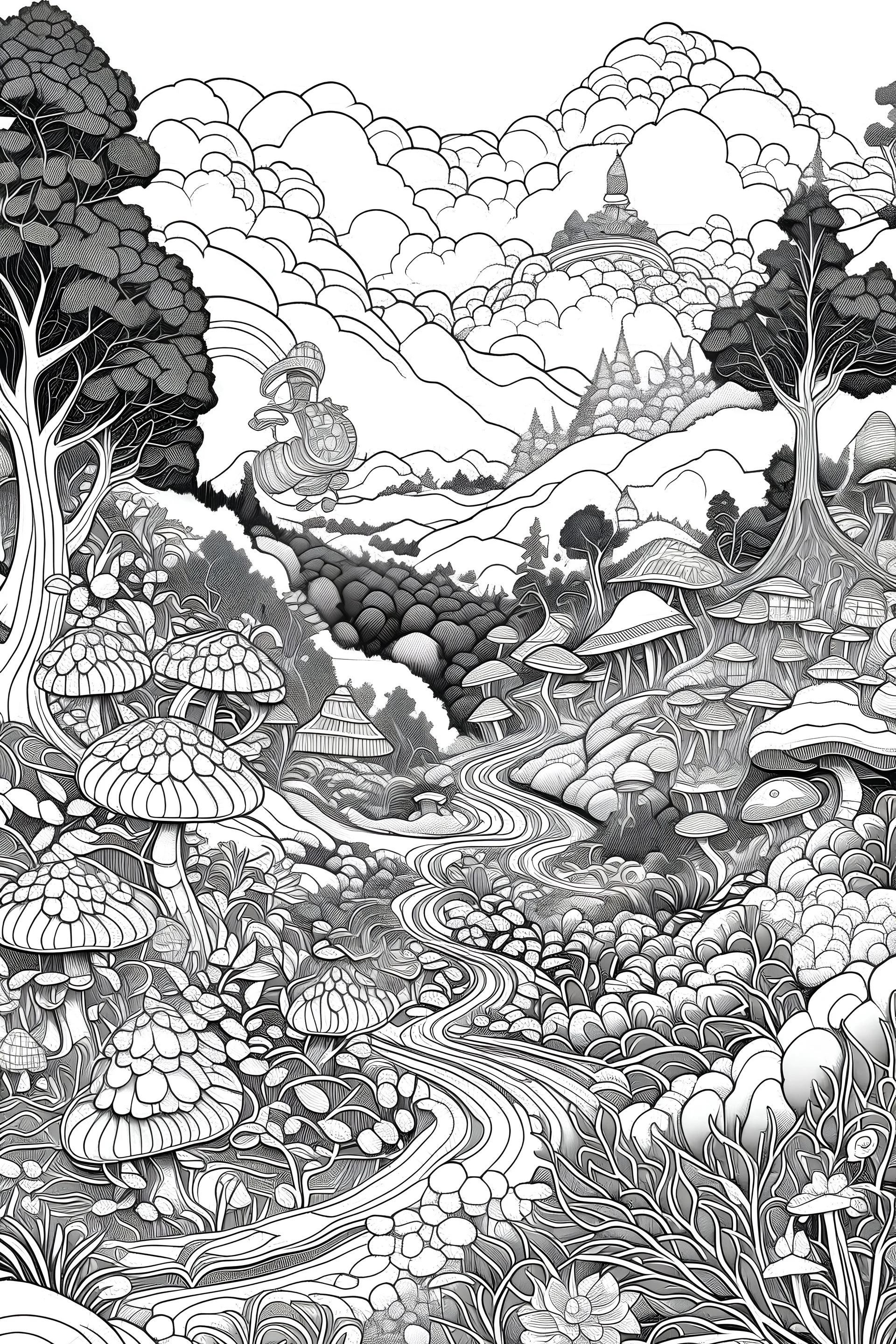 Psychedelic landscape, coloring book, black and white ,high detail, no shading, no bleed