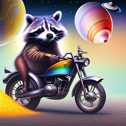 A raccoon astronaut riding a rainbow bike on a mission to gather space trash, jumping over asteroids as he goes.