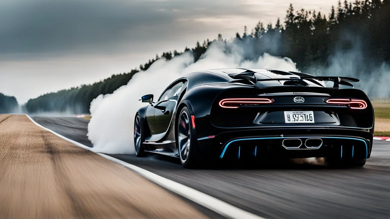 black tuned bugatti chiron drifting in the white smoke, rear view, cinematic, luxurious --chaos 80 --ar 16:9 --style raw --stylize 700