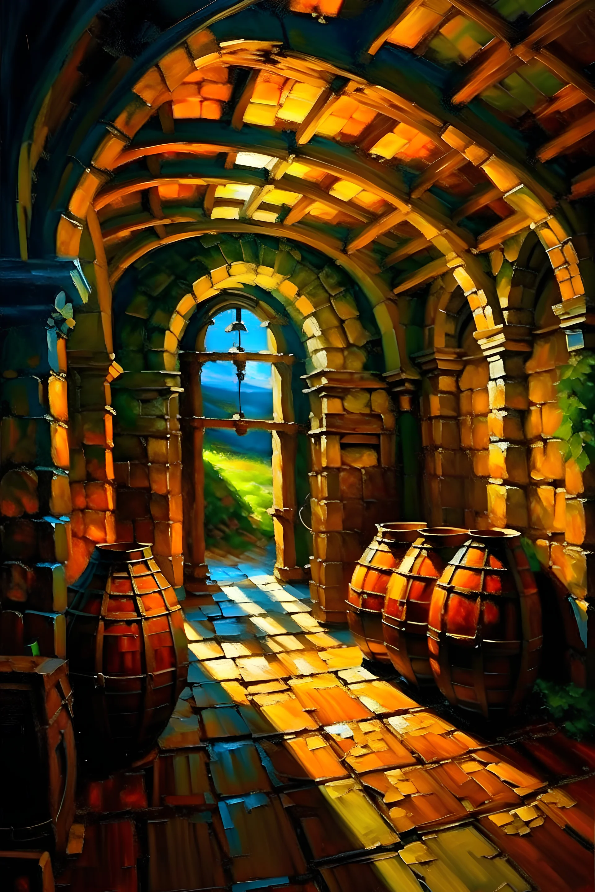 An ancient Gothic style wine cellar, vaults made of Lebanese cedar, barrels of wine, a view from the arched window of green vineyards illuminated by the rising sun. Relief abstract image of with a palette knife. Oil on canvas, palette knife, hard brushstrokes, meaning is created: by the energy of the stroke, palette knife and brush strokes, light and shadows, play of light (painting By Canaletto)