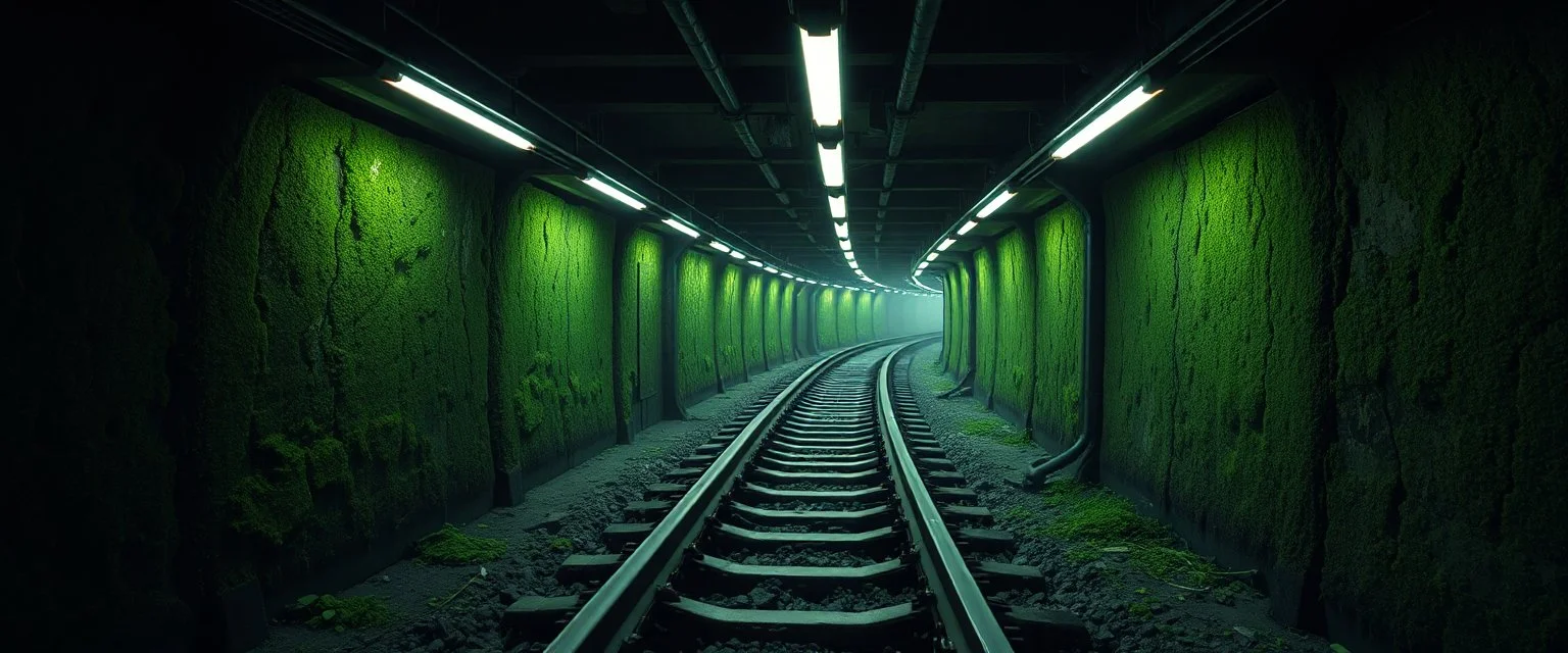 Inside the old subway tracks, . Low light and closed green moss walls. Like the original design of the game space ,digital art.landscape,far camera old painting,2 Chen and George Hopper, Rembrandt lighting, a dark green color scheme, ethereal light. --ar 13:16 --v 6. 0