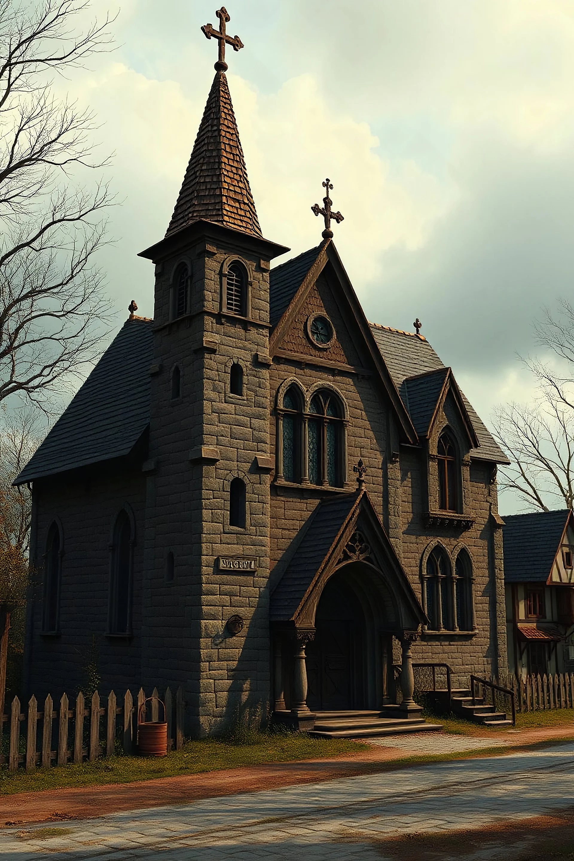 please create a creepy looking church building in a small fantasy town from midevil times