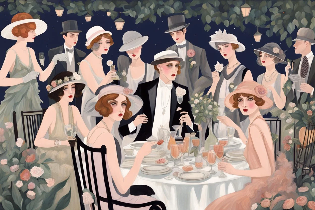 a decadent garden party in the 1920s at night, by artist "Ingrid Umber",by artist "Sienna Lamberts"