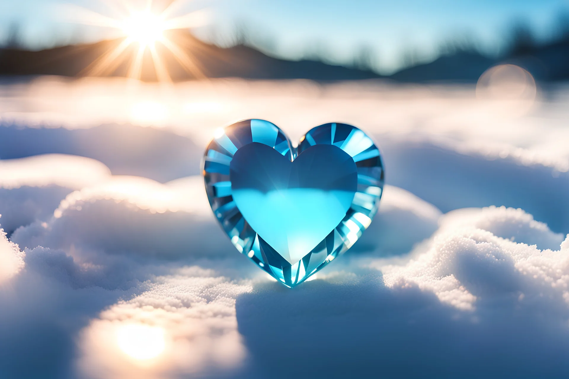 A close-up of a pale blue crystal heart, peeking from the snow, soft blurred sun flare in the background