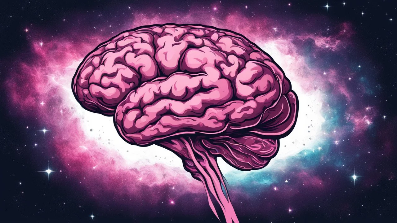 Comic style, bare transparent pink human brain flying trough the universe, background galaxy's