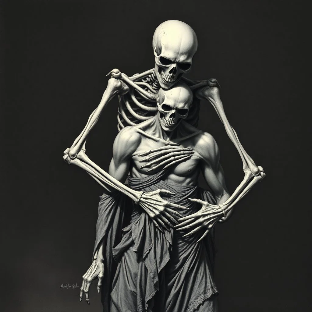 The image is a dark, haunting, monochromatic artwork that portrays a skeletal figure embracing or overpowering a human-like strong male figure. The skeletal entity looms from behind, its bony arms wrapped around the human, who appears to be partially draped in tattered cloth and in a state of despair or submission. ...