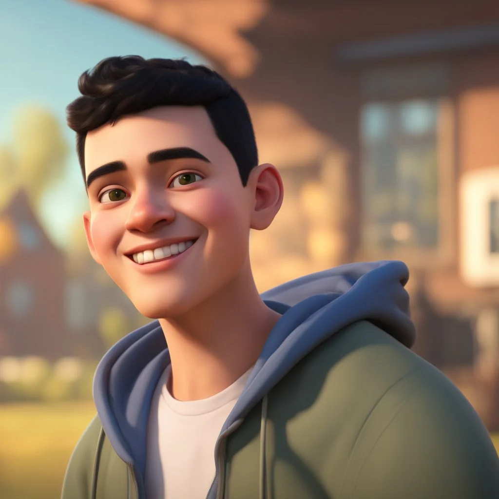 a portrait of smiling young western man. caricature. black hair. short buzz cut hair style. light skin. dark eye pupils. small eyes. black thick eyebrow. small round chubby face shape. a bit small goatee, without moustache. big nose. thick mouth. white sweater hoodie. pixar style. 3D. 4k. portrait. highly detailed. sharp focus. high resolution. full color. cinema lighting