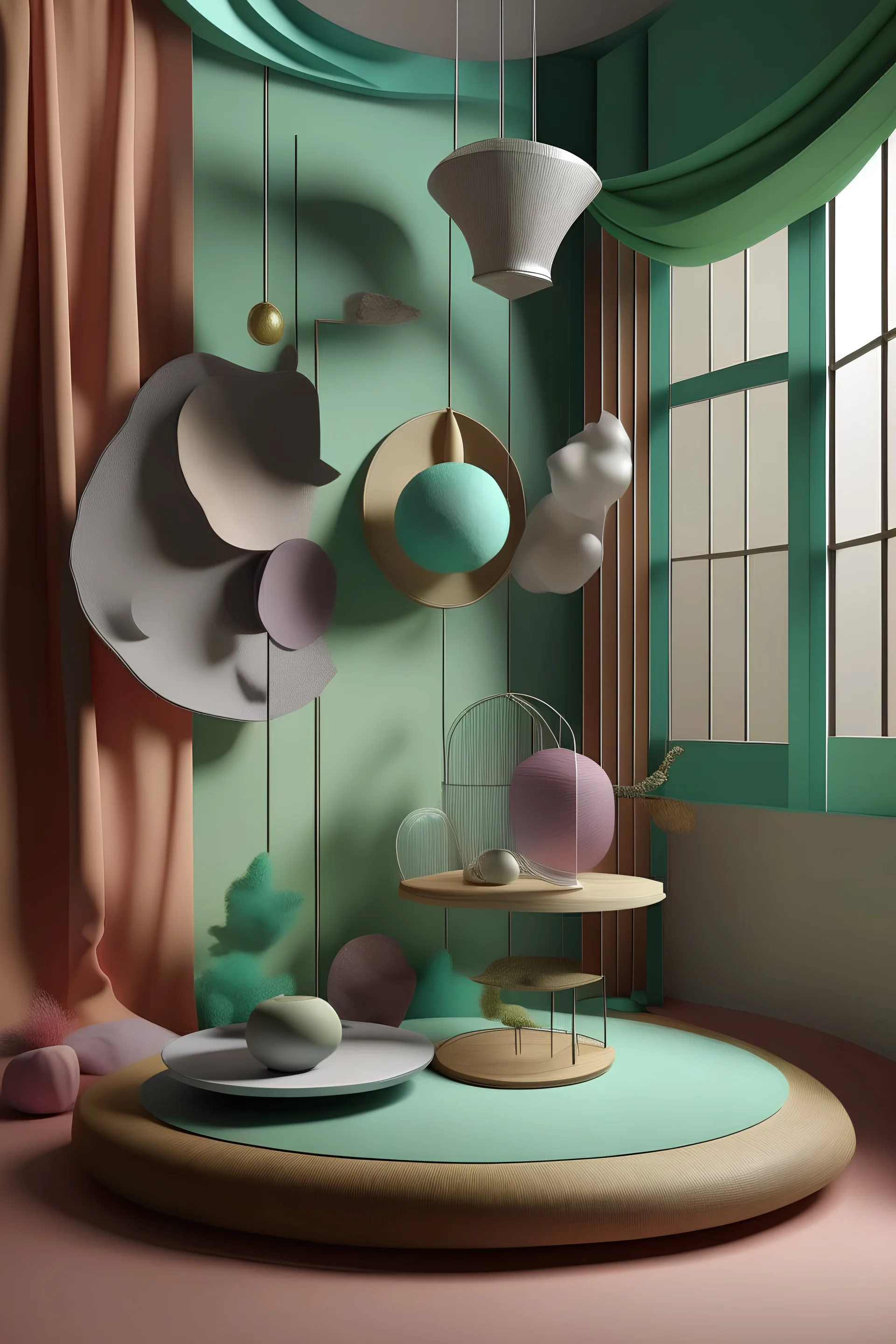 create a floating still life with otherworldy shapes and textures. Pastel background and abstract shapes that are made of various materials, including fabrics, metals and glass