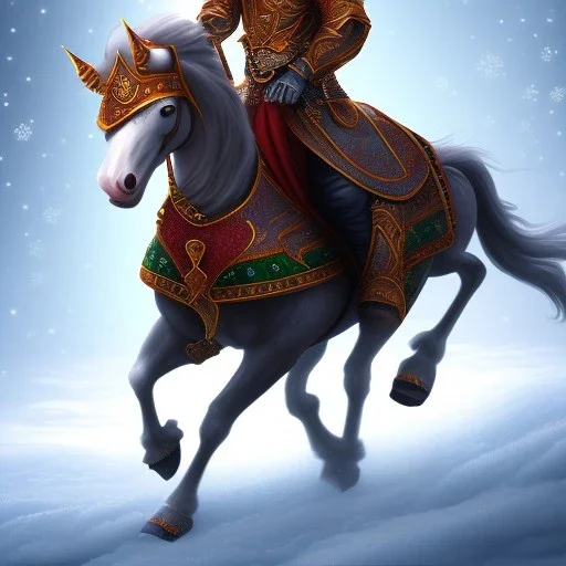 A flying snowman on a horse.