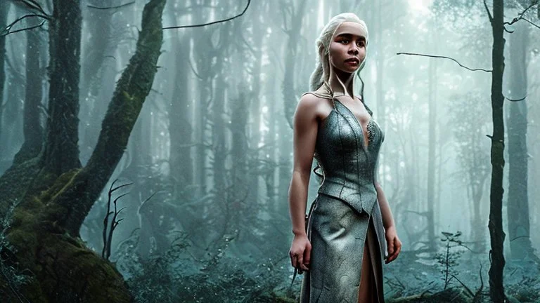 whole body image of beautiful Daenerys Targaryen in a mystical enchanted forest standing next to a dragon, HD 8K, sharp detail, hyperrealistic photo accurate face and features, cinematic lighting