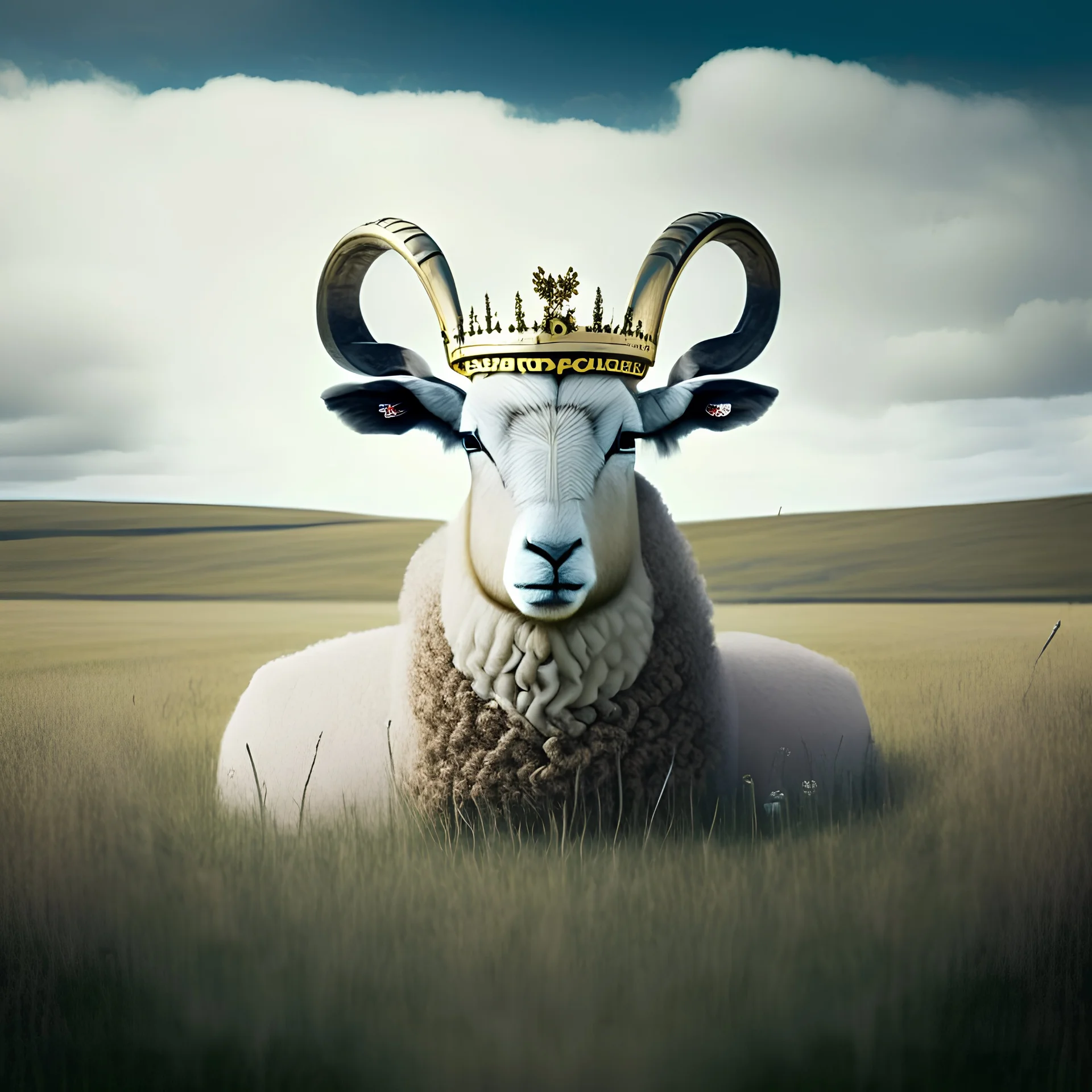 a ram sheep with a crown on its head in a field