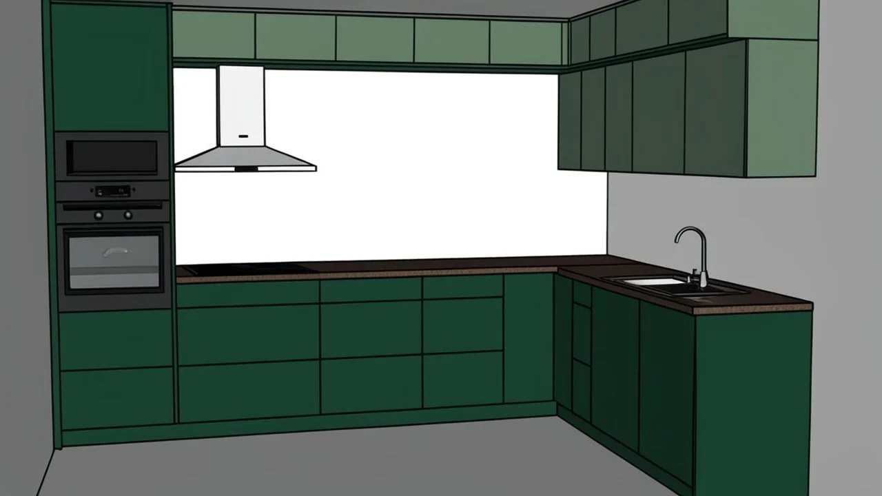 dark green kitchen like in the photo with forest wallpaper on the wall, very realistic