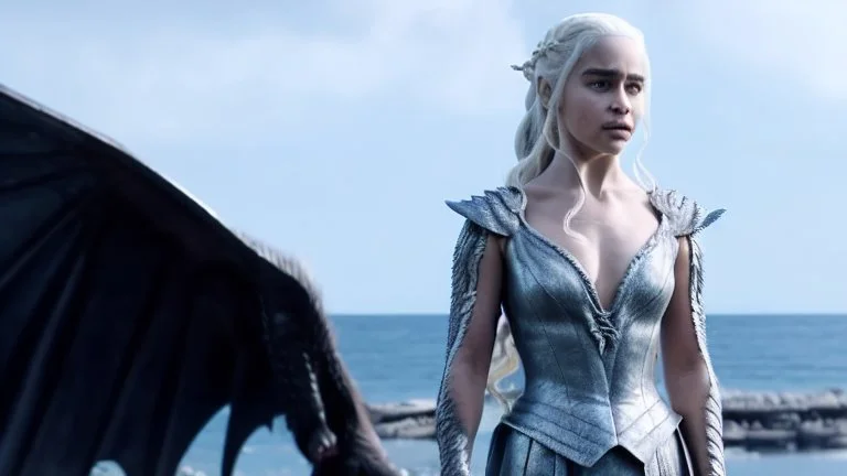 whole body image of beautiful 20 year-old Emilia Clarke as Daenerys Targaryen from Game of Thrones, HD 4K, sharp detail, photorealistic accurate face and features, cinematic lighting