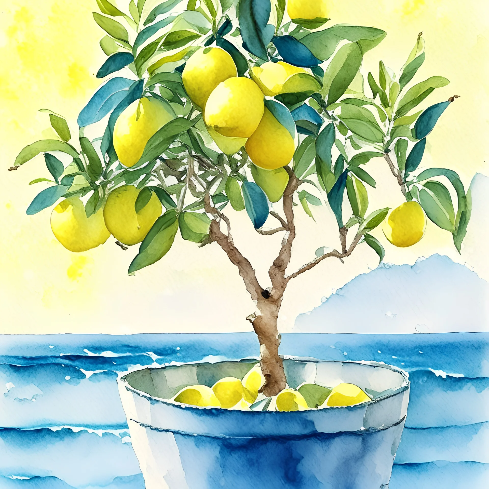 lemon tree with lemons in a pot on a sea background watercolor painting