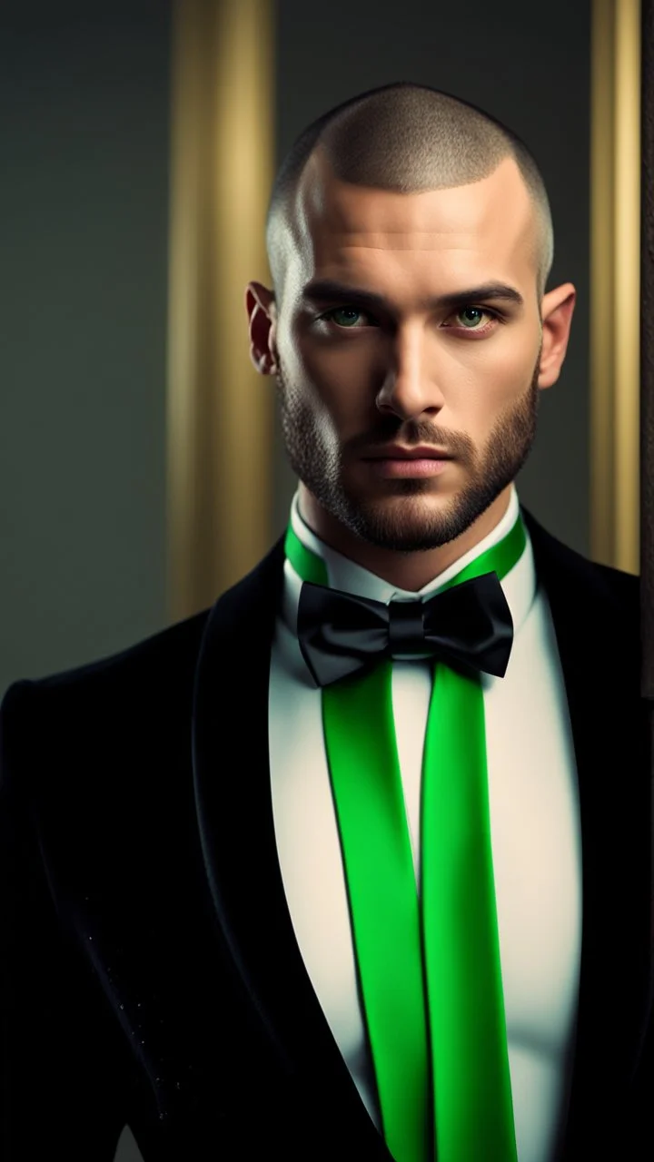 Handsome tough Alpha Male aged 30. buzz-cut hair, stubble on chin, wearing a black tuxedo with a green bow tie. Hyperrealistic 4k dark fantasy