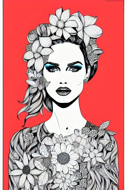 hyper detailed, black and white, thick line, coloring book illustration, lineart, stunningly beautiful woman in flowers