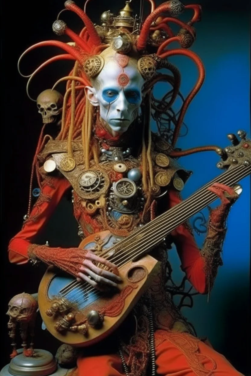 photo by tim walker : loan-blend human-alien biomorphic-animals squid indefinite head extreme wide shot head to toe portrait of weird krofft pufnstuff puppet voodoo cutie sitar player king human nervous systems, renaissance faire alex grey hyper detailed michael cheval with a playful expression made out of mechanical parts and robot arms; cyborg details, unusual and obscure photograph by františek vobecký of a surreal scene of ghastly men, pop art, clive barker style, 300mm f/.8, raw cinematic p