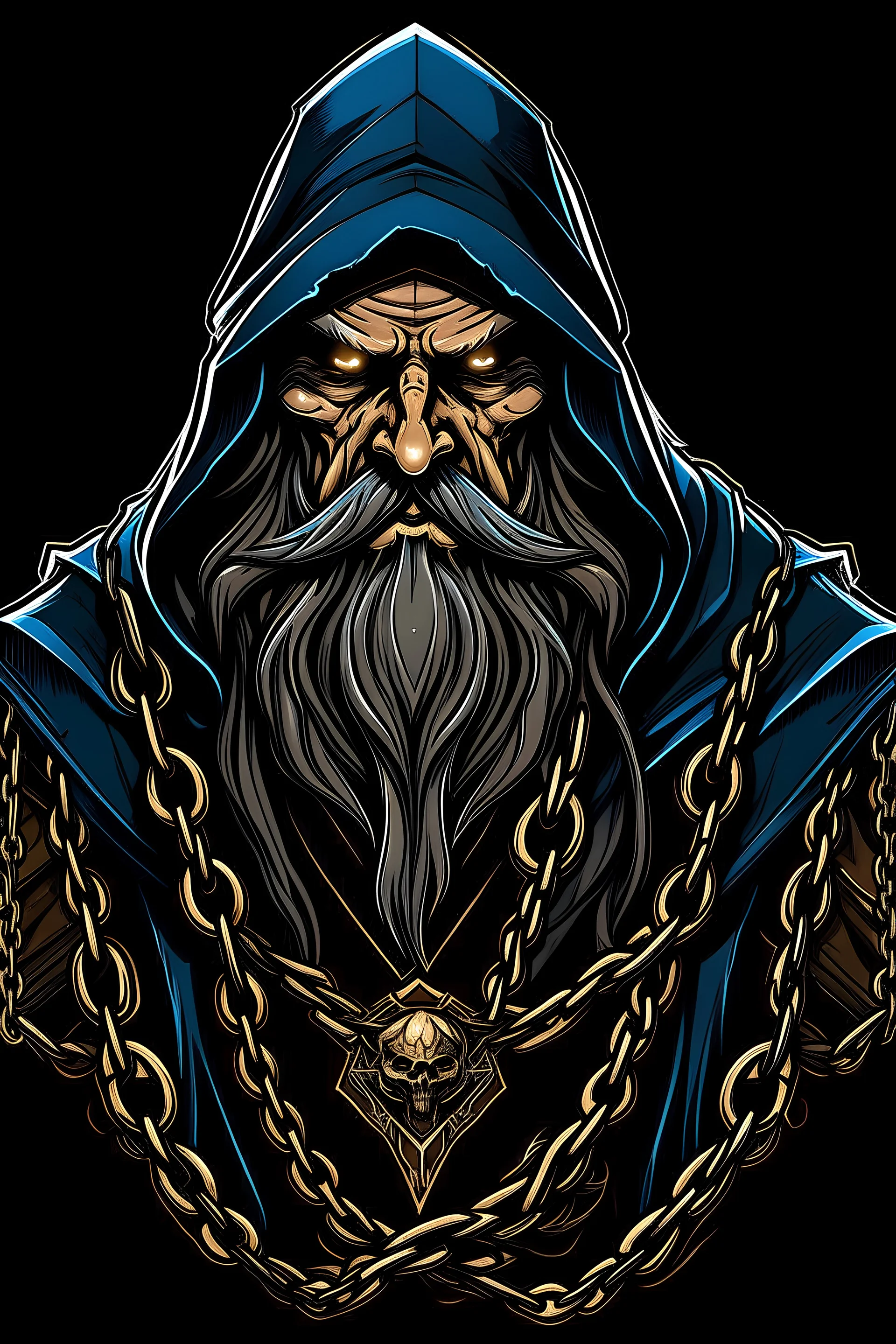 Vector Art, Front View, Sorcerer , stylized, Up close, half skin, black background, chains around body,